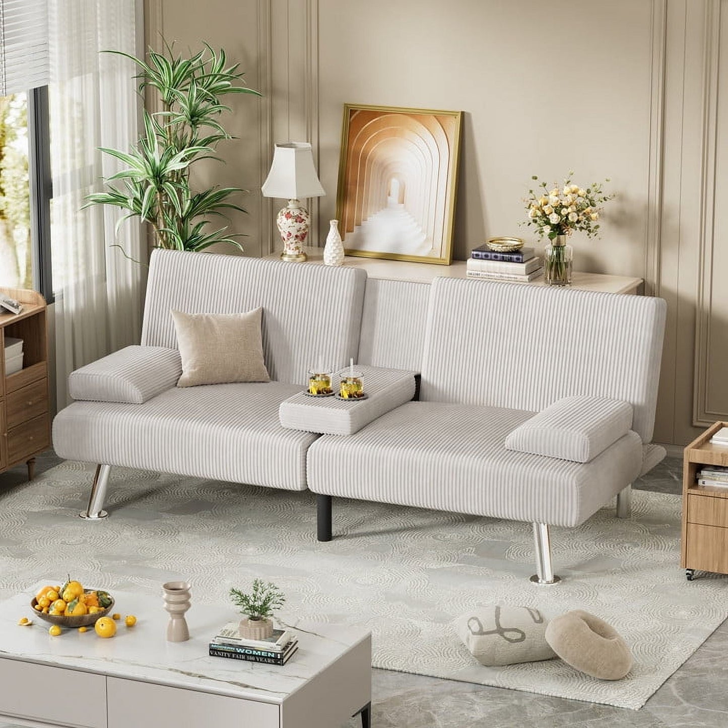 Vineego Convertible Corduroy Futon Sofa Bed with Removable Armrests,Beige