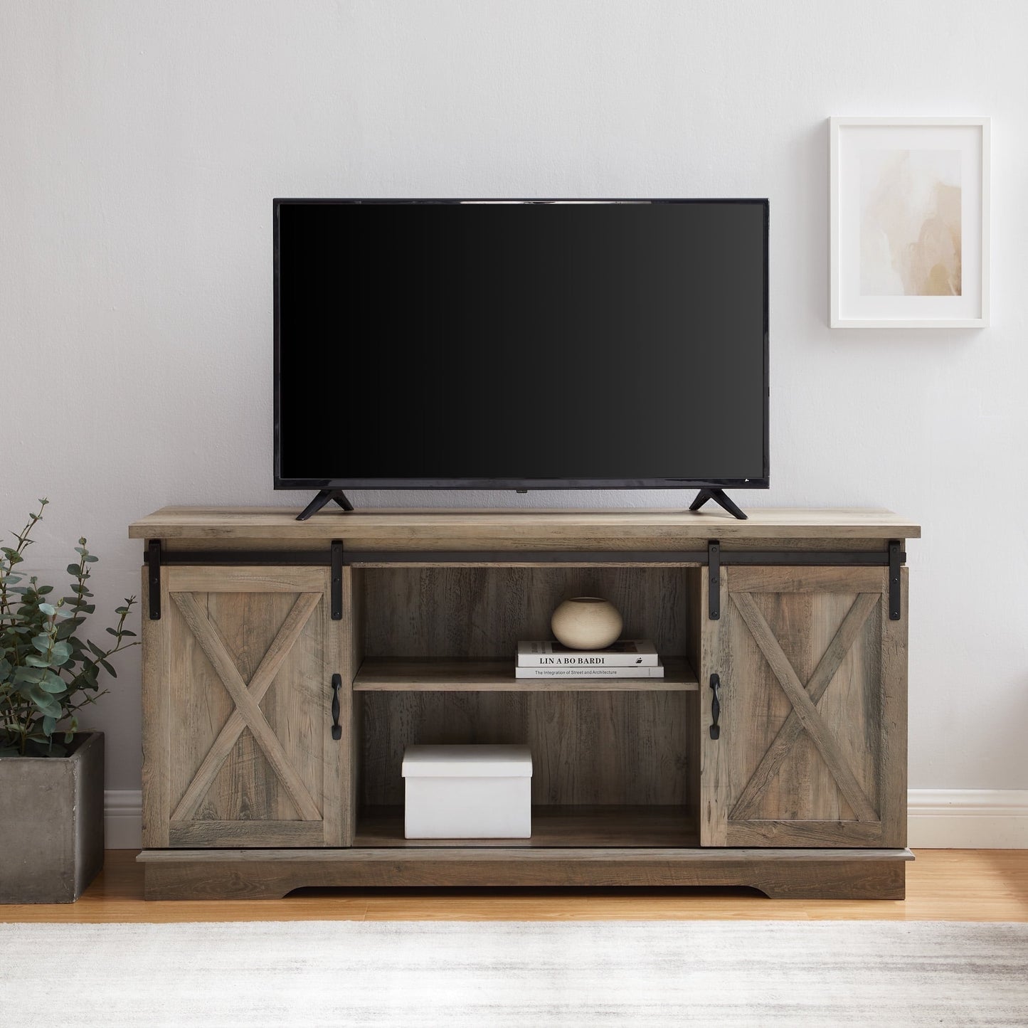 Walker Edison Farmhouse Sliding Barn Door TV Stand for TVs up to 65", White/Reclaimed Barnwood