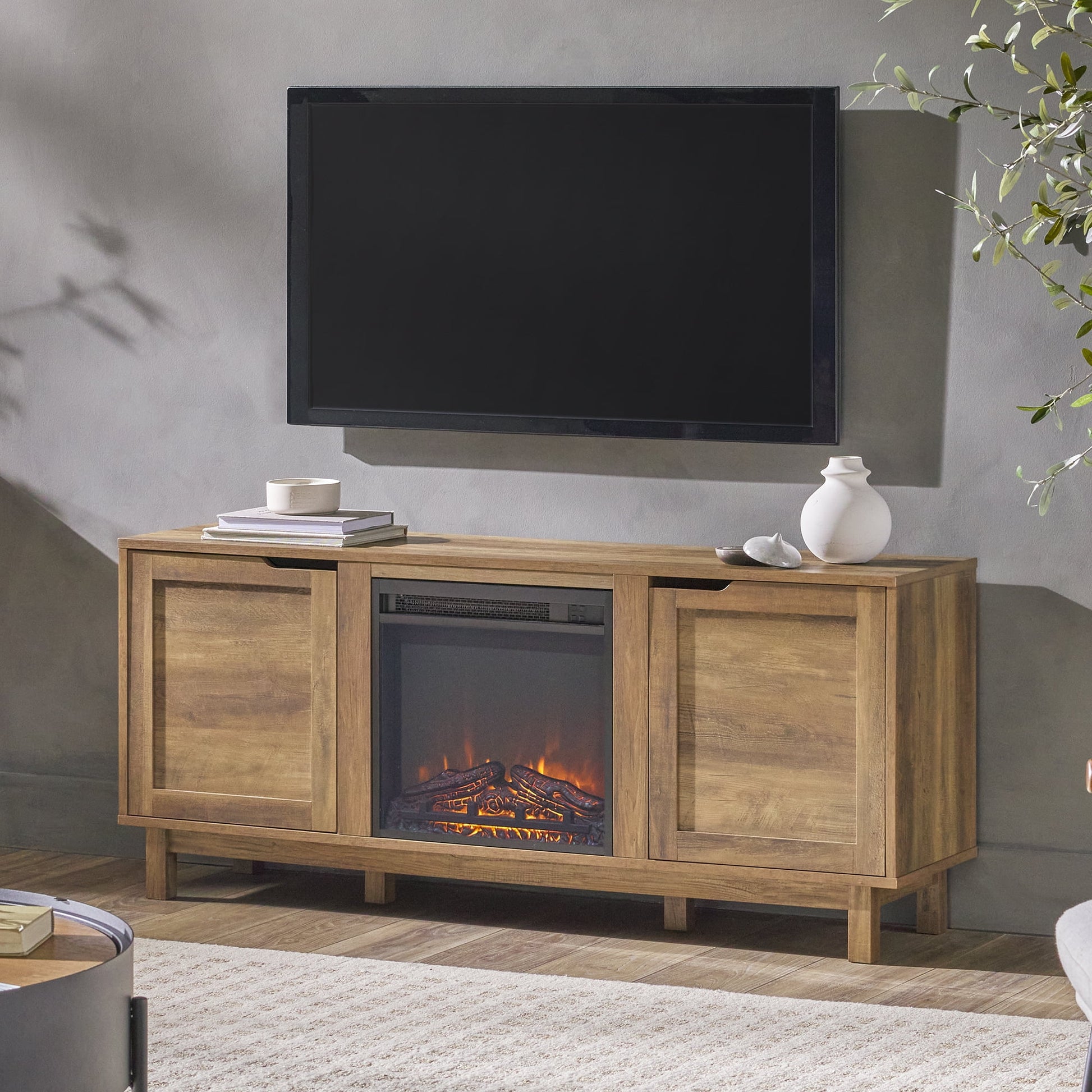 Walker Edison Transitional 2-Door Fireplace TV Stand for TVs up to 65”, Reclaimed Barnwood