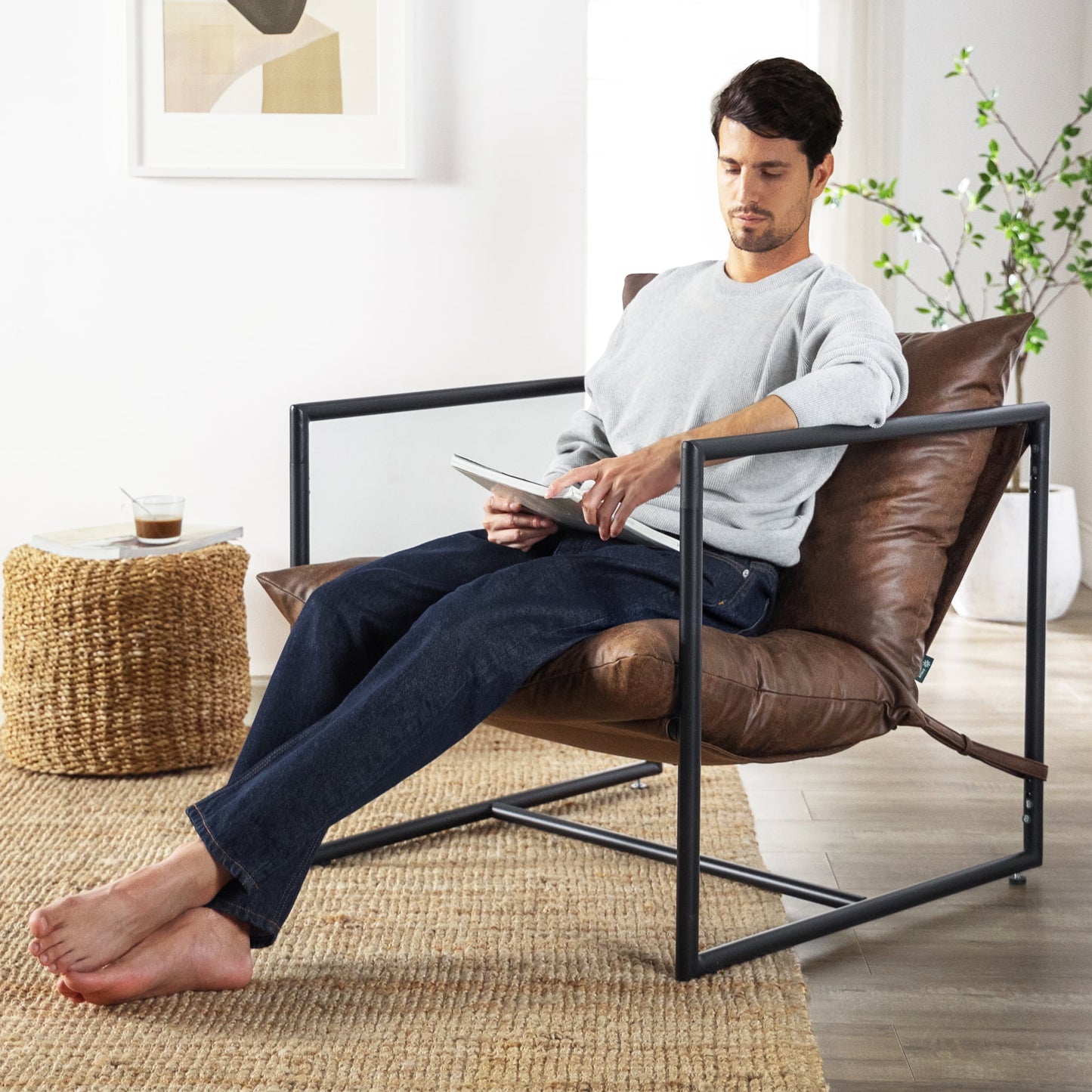 Zinus Aidan Faux Leather Sling Indoor Accent Chair, Slate Grey