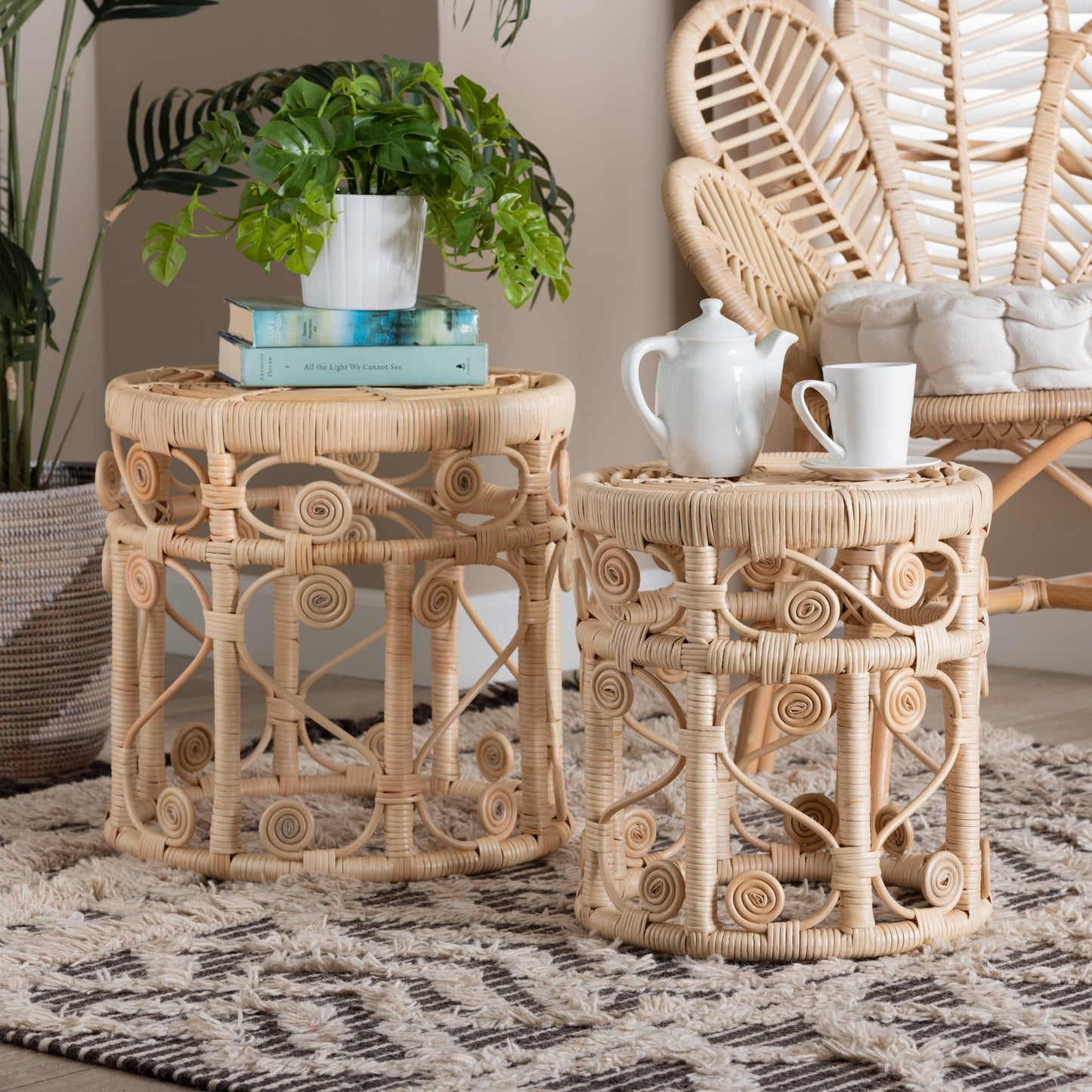 bali & pari Bowie Rattan BOHO End Table, Natural Brown