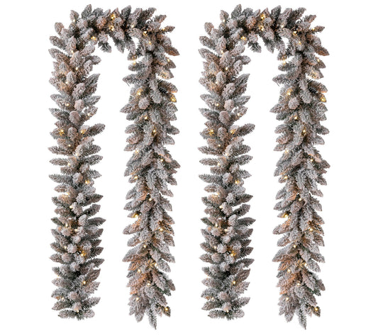 Glitzhome Set of 2 9ft Snow Flocked Faux Garland W/ LED Lights
