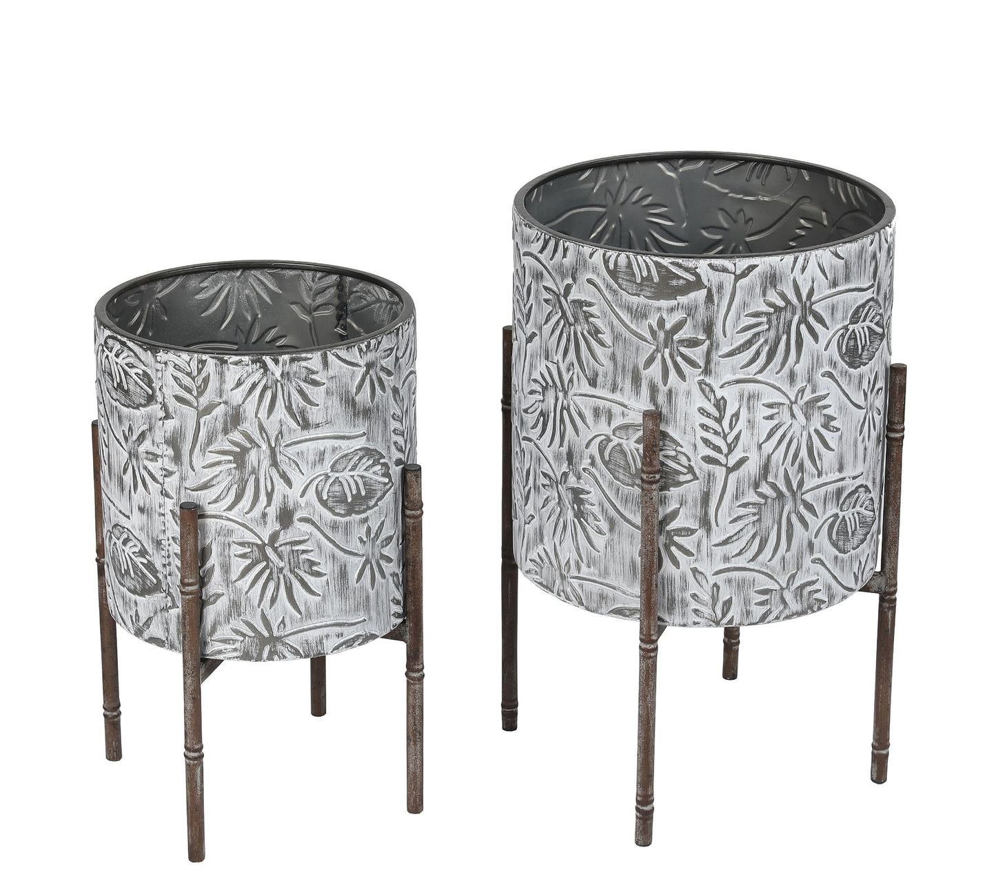 LuxenHome 2-pc White and Gray Metal Cachepots w ith Metal Stan