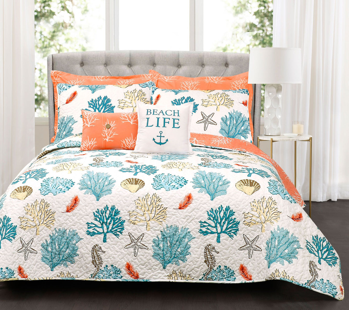 Coastal Reef Blue/Coral 7-Piece King Quilt Setby Lush Decor