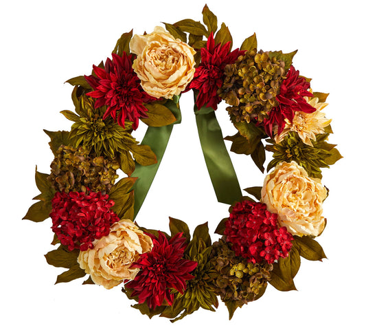 Nearly Natural 24" Peony, Dahlia and Hydrangea Wreath