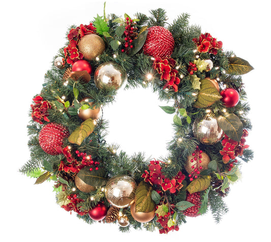 Village Lighting 30" Prelit LED Wreath - Scarlet Hydrangea