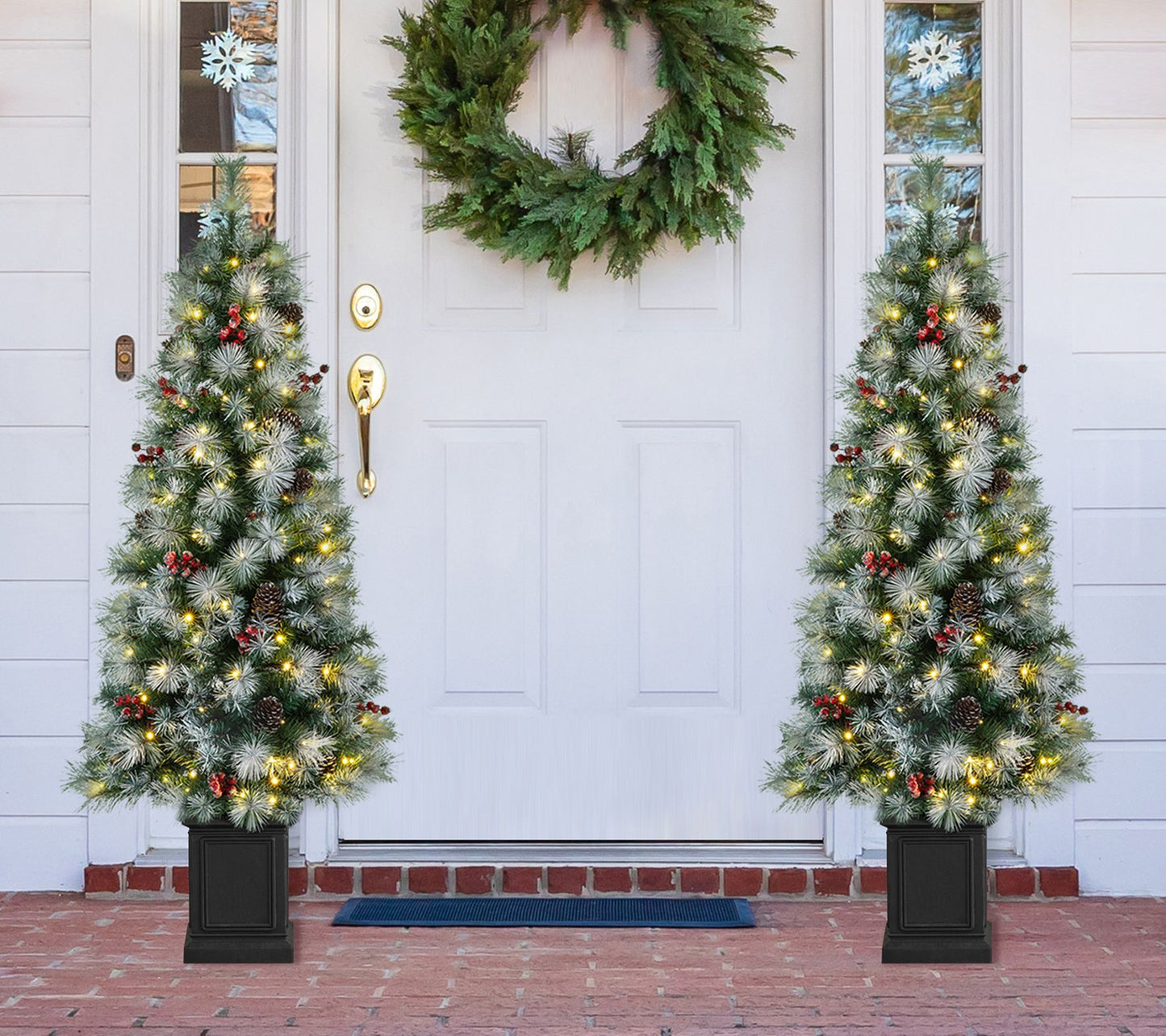 Glitzhome Set of Two 5' Pre-Lit Pine Artificial Porch Tree
