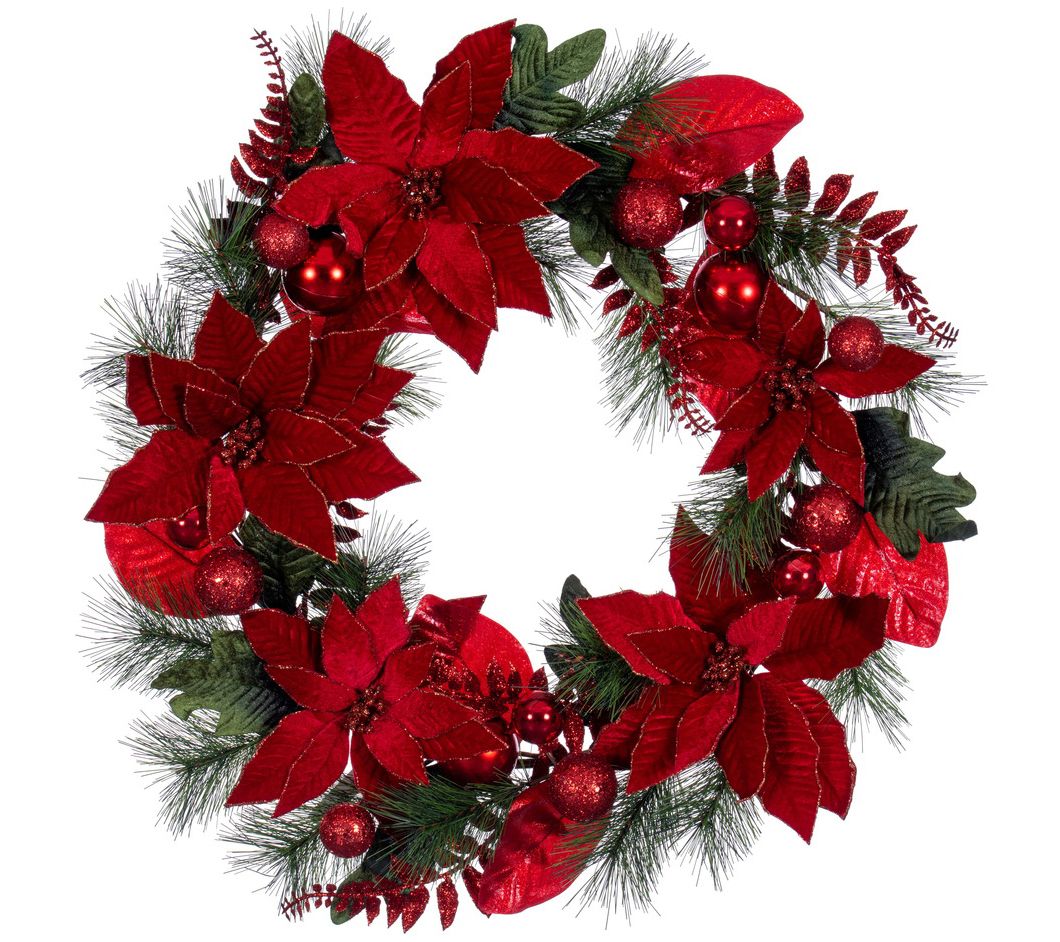 Vickerman 28" Merry Red Poinsettia, Ball, & FerWreath.