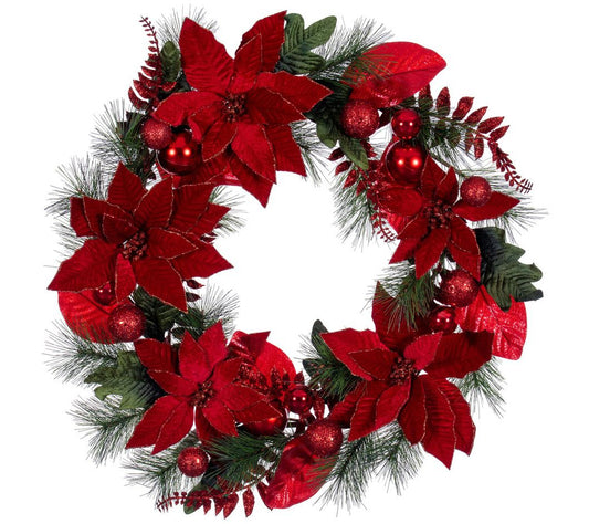 Vickerman 28" Merry Red Poinsettia, Ball, & FerWreath.