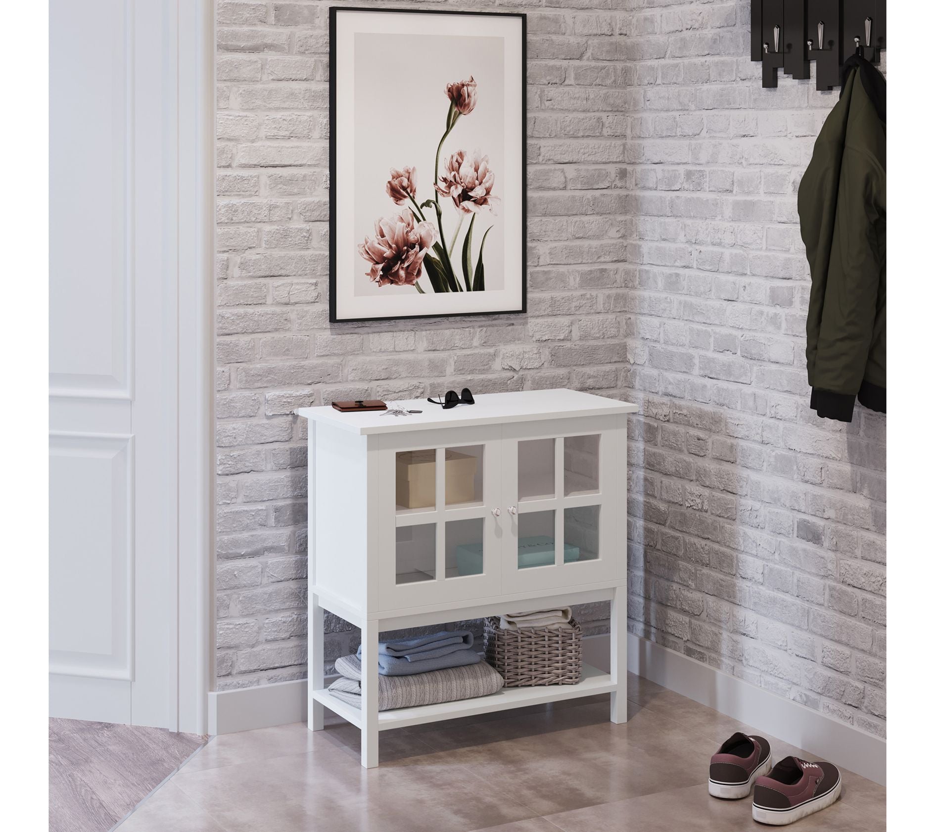 Lavish Home Console Table Open Shelf Glass Stor age Cabinet