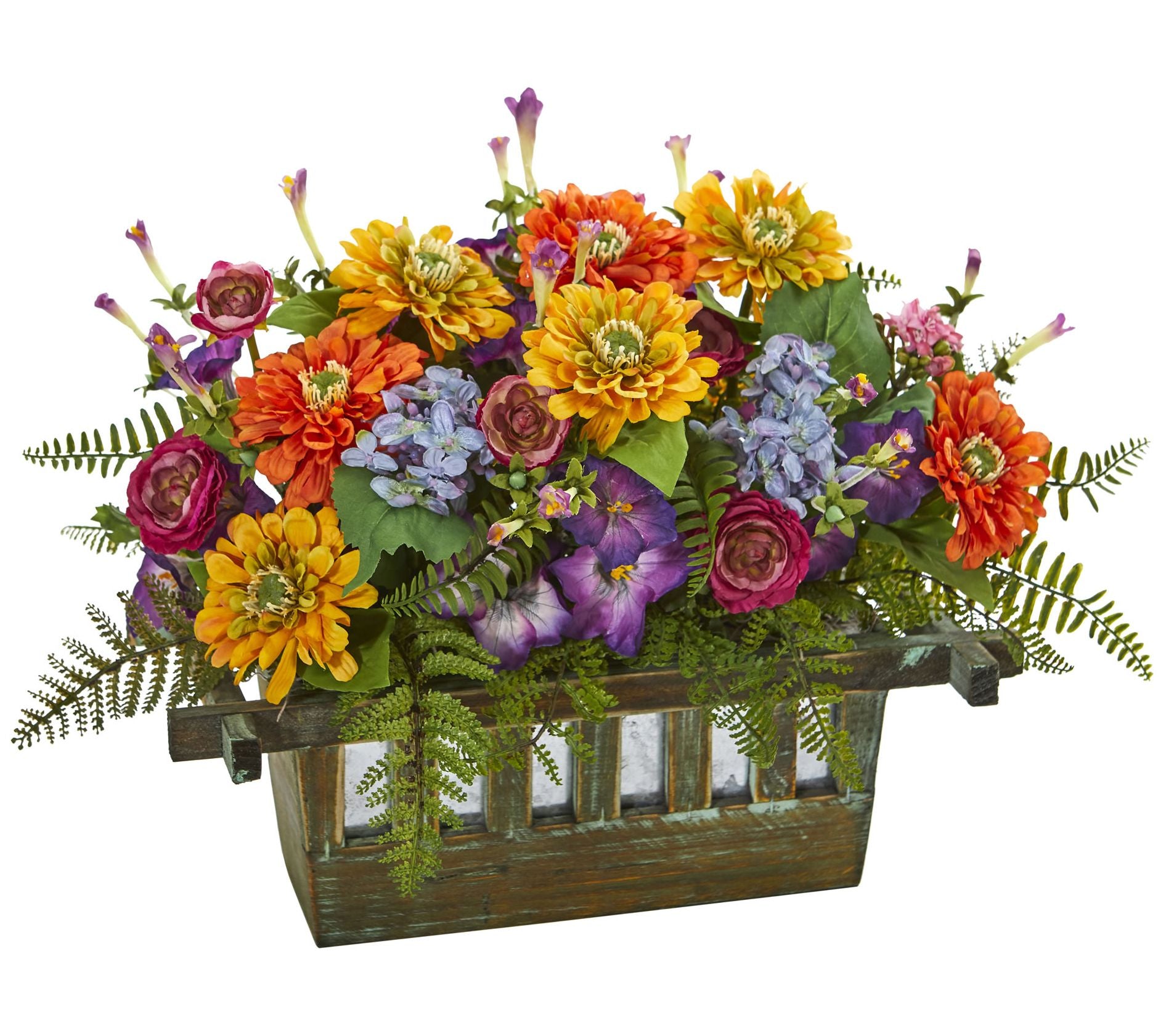 Nearly Natural Floral Artificial Arrangement in Wood Planter