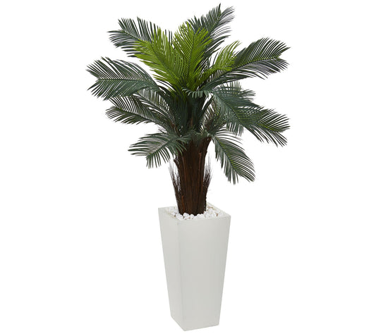 Nearly Natural 4.5' Cycas Faux Plant in White Tower Planter