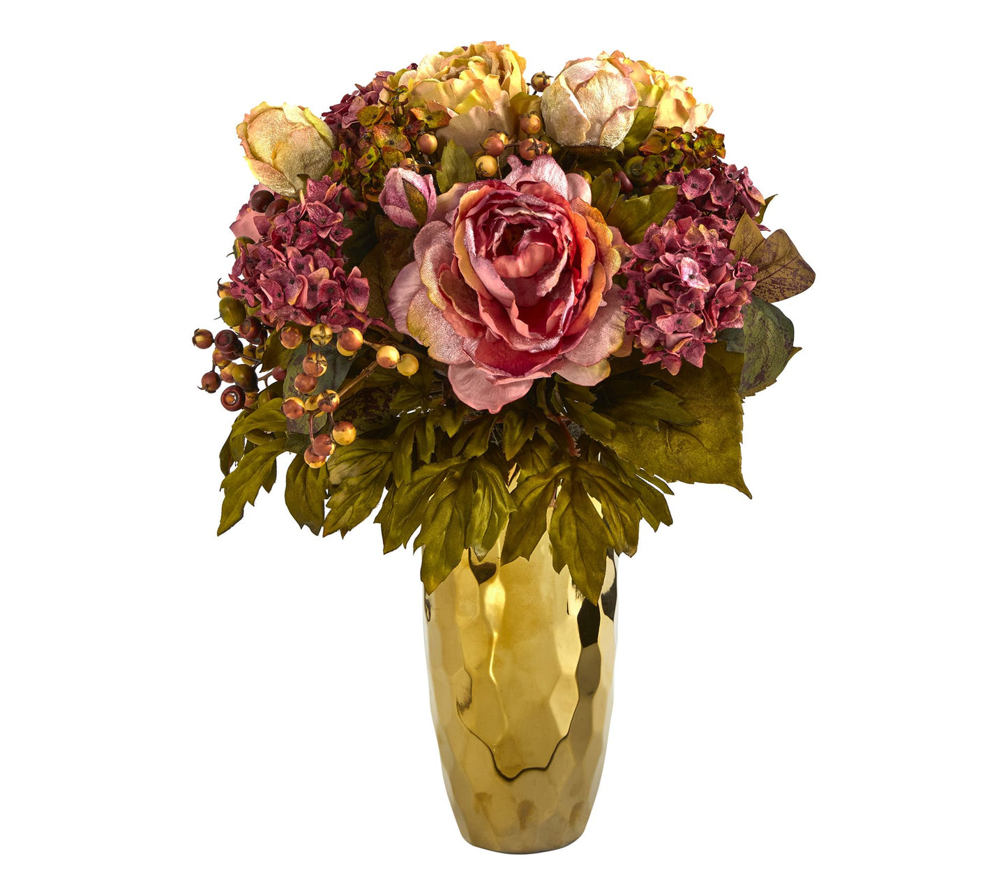 Nearly Natural 19" Peony Artificial Arrangementin Gold Vase