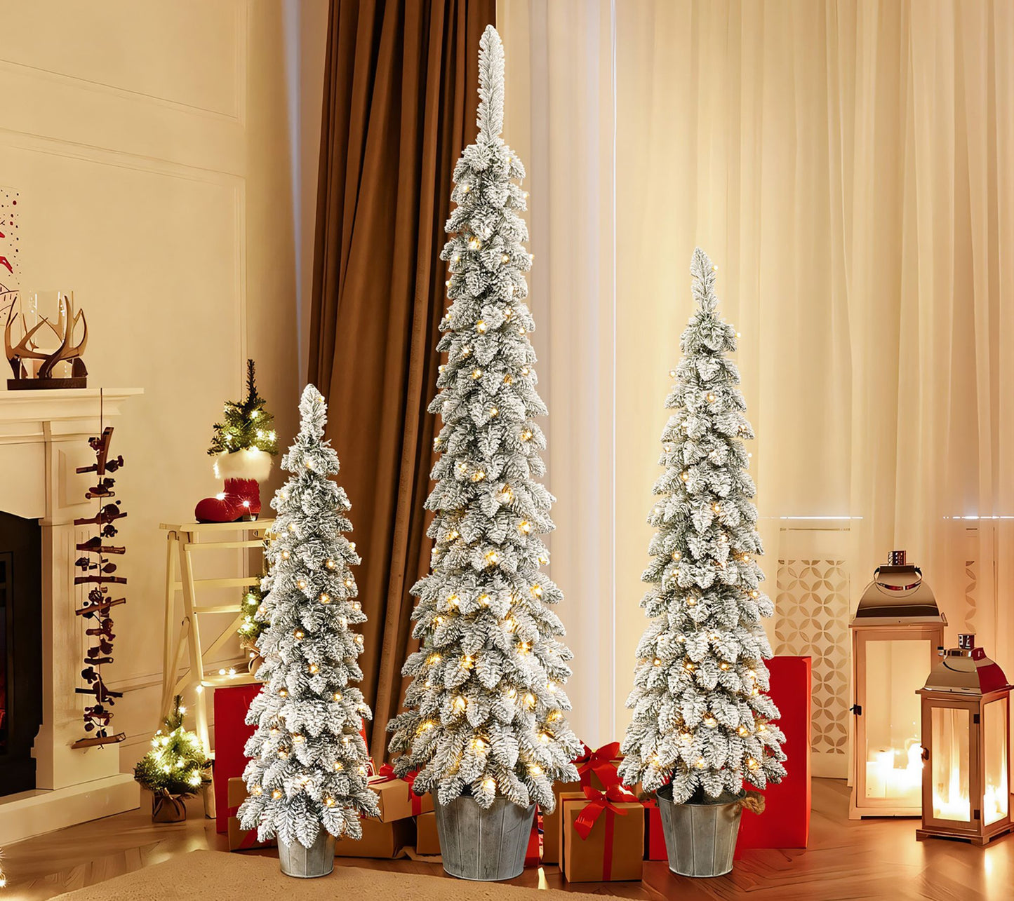 LuxenHome 3-Piece Flocked Slim Artificial TreeSet with Lights