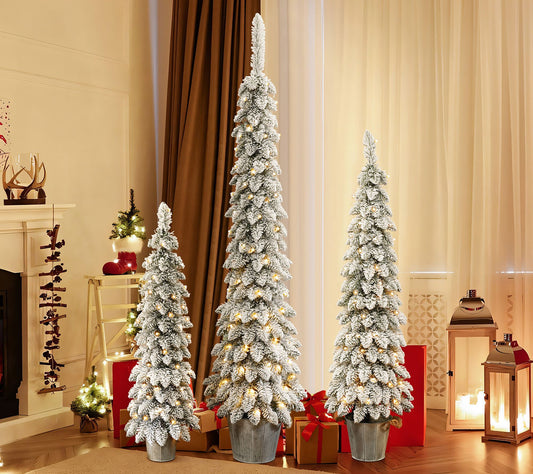 LuxenHome 3-Piece Flocked Slim Artificial TreeSet with Lights
