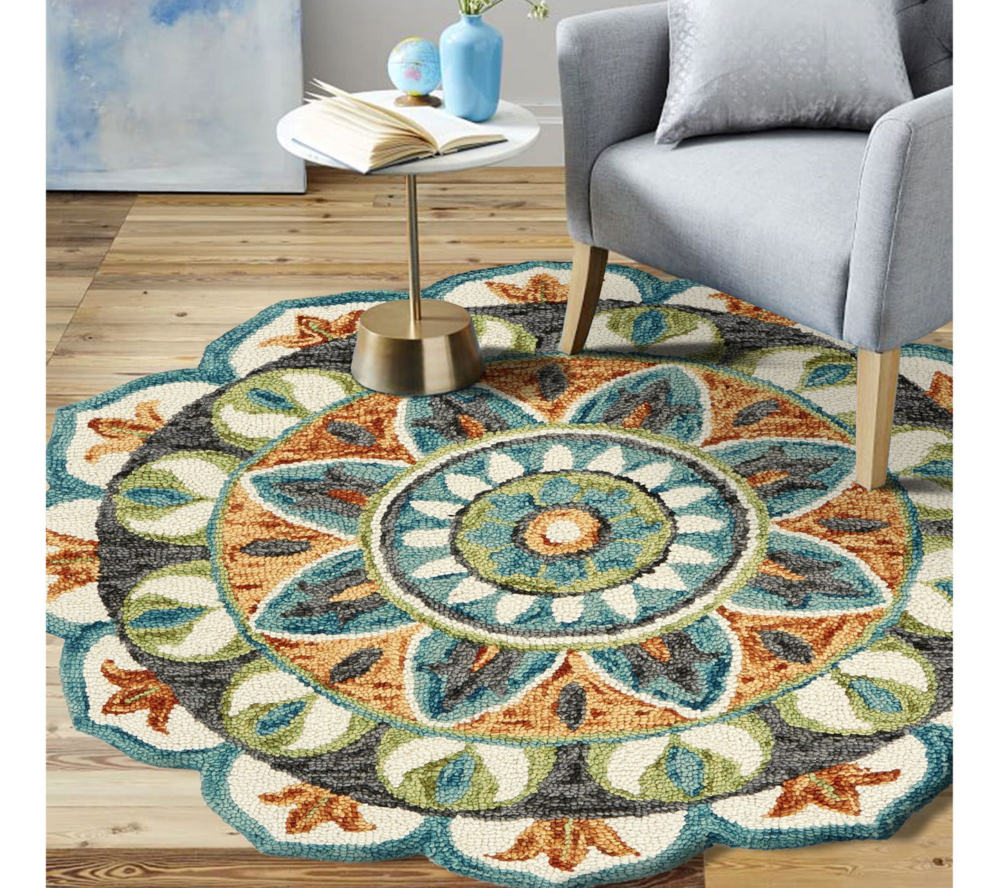 Ox Bay Mira Teal Floral Medallion Wool Indoor 5' Round Rug