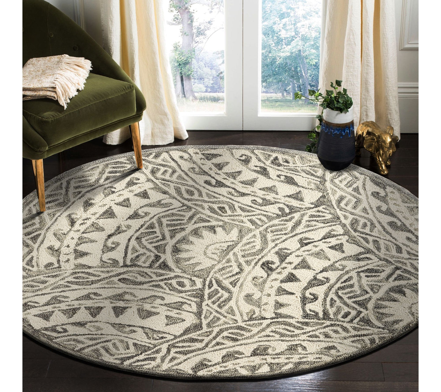 Ox Bay Gray Geometric Mosaic Wool Indoor 6' Round Rug