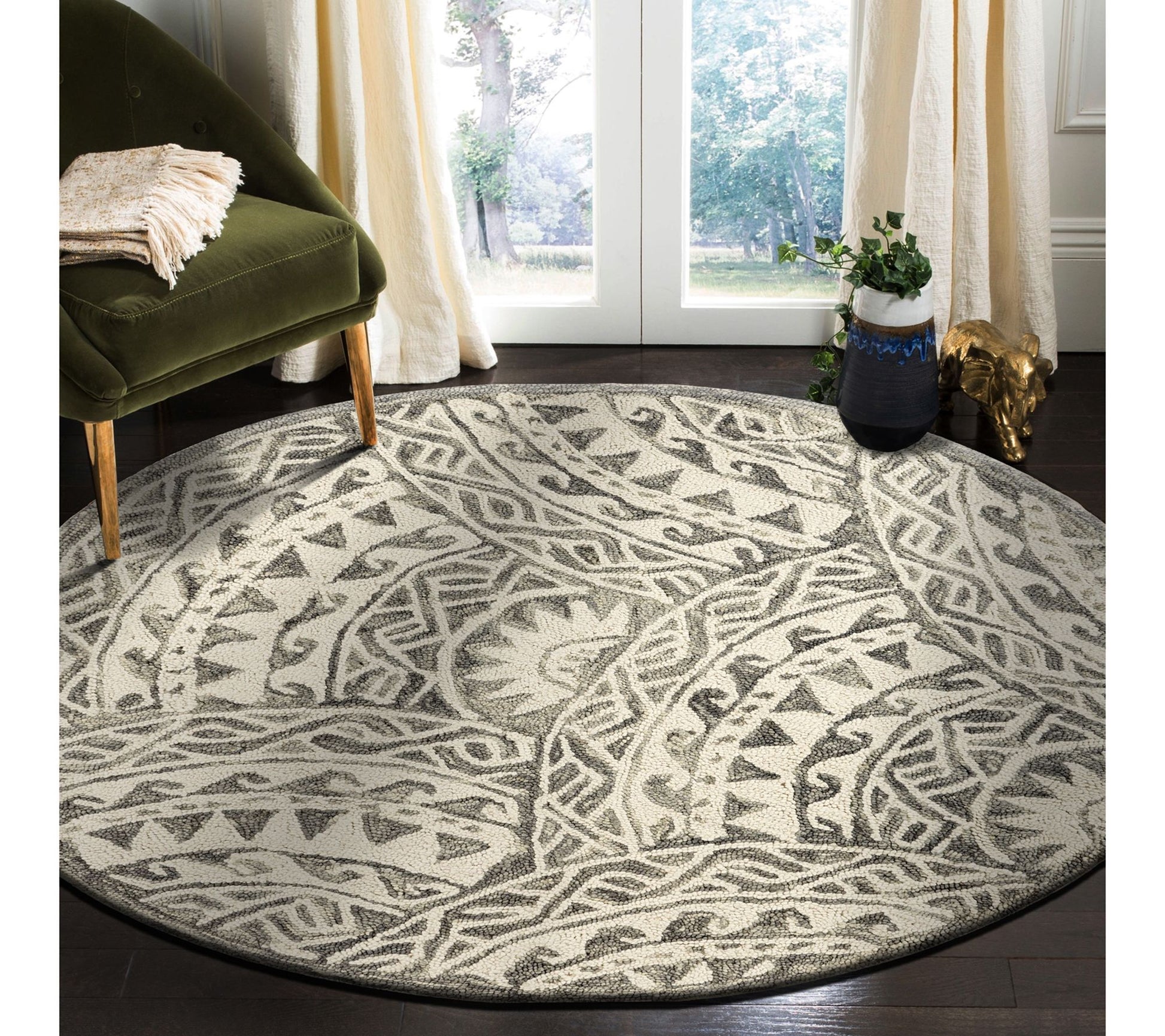 Ox Bay Gray Geometric Mosaic Wool Indoor 6' Round Rug