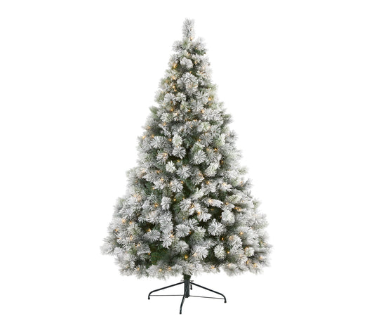Nearly Natural 7' Flocked Oregon Pine Tree w/ 400 Clear Lights