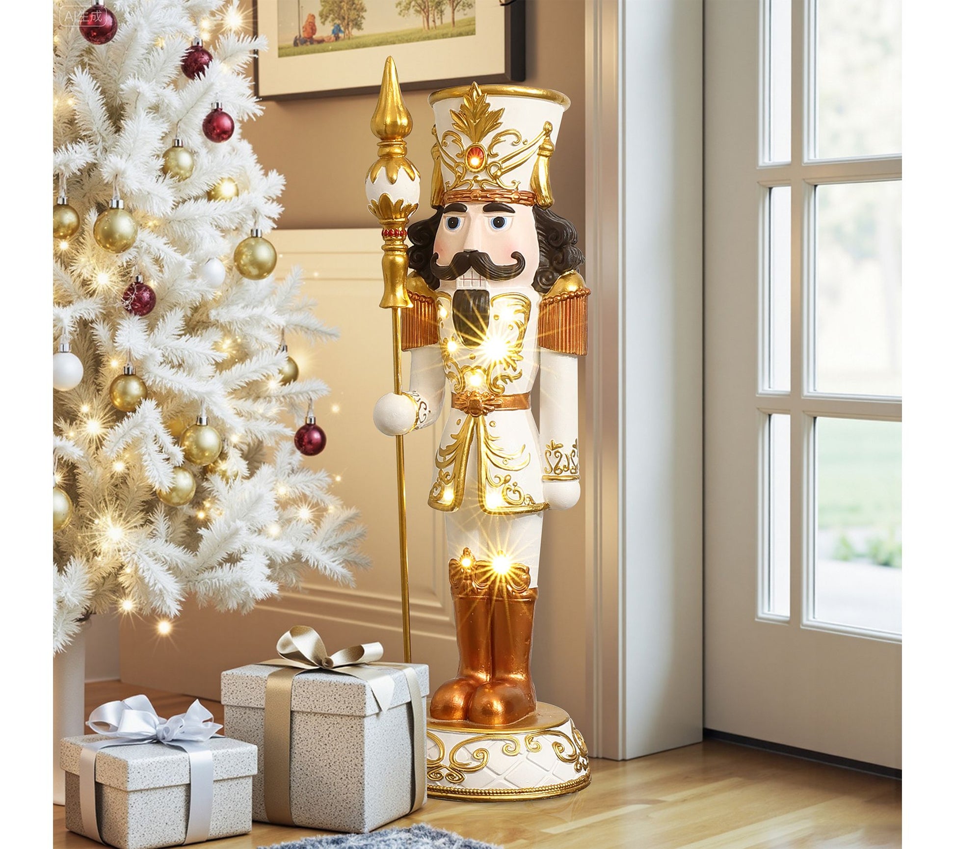 LuxenHome 4ft Lighted White and Gold Nutcrackerwith Scepter