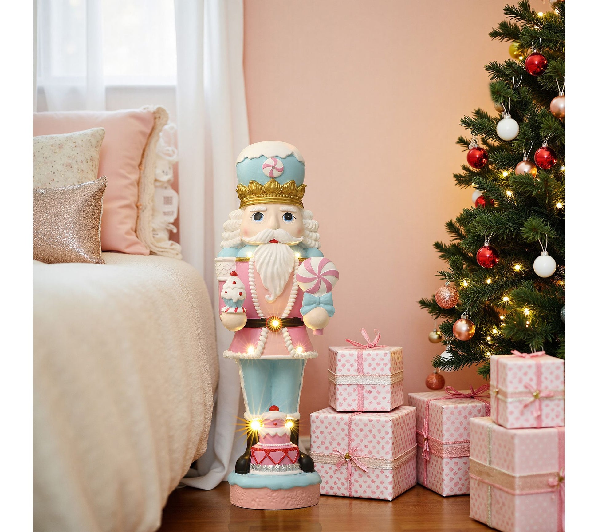 LuxenHome 3ft Lighted Pink Nutcracker with Cake, Xmas Decor