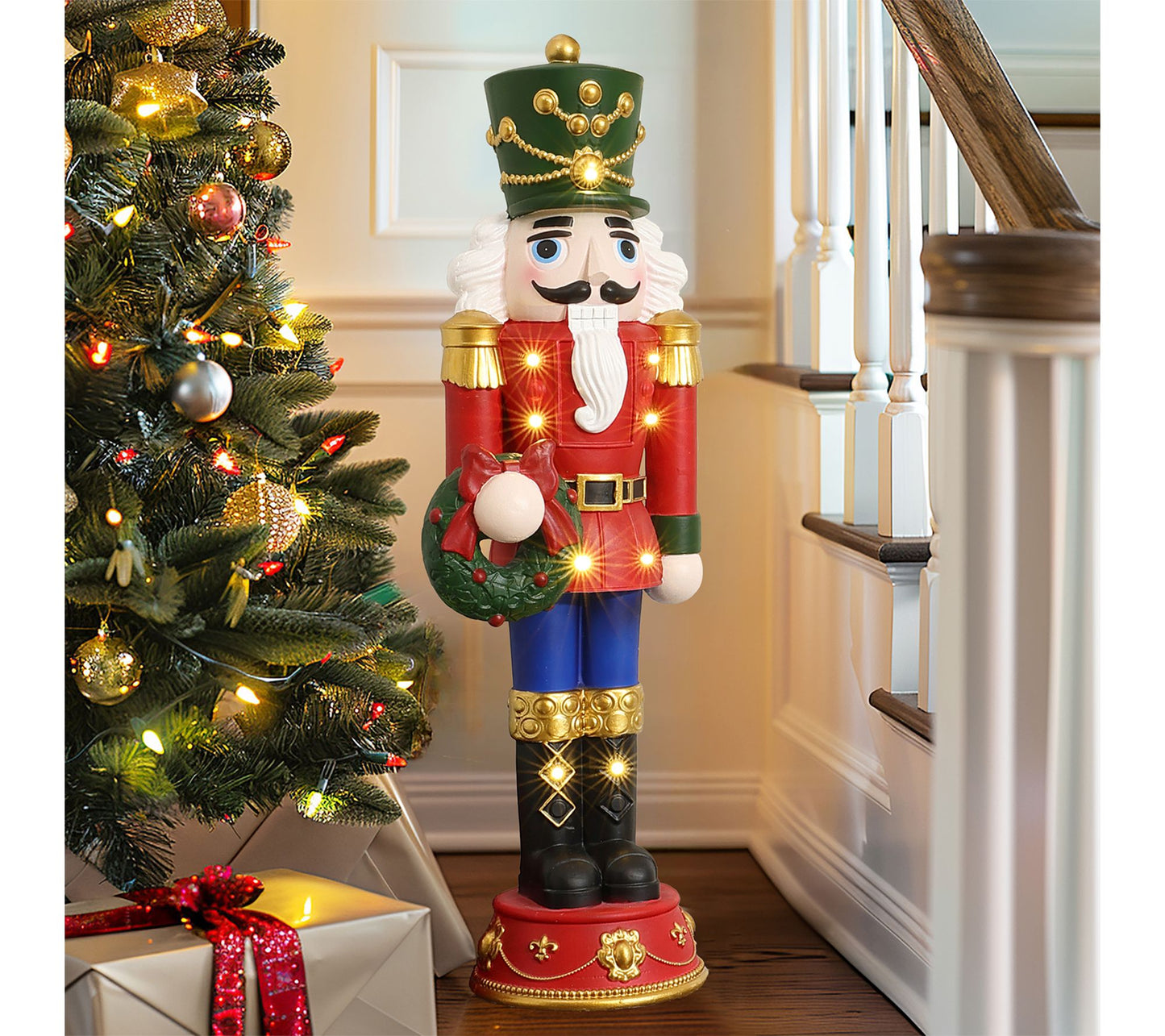 LuxenHome 4ft Lighted Nutcracker Red Soldier with Wreath