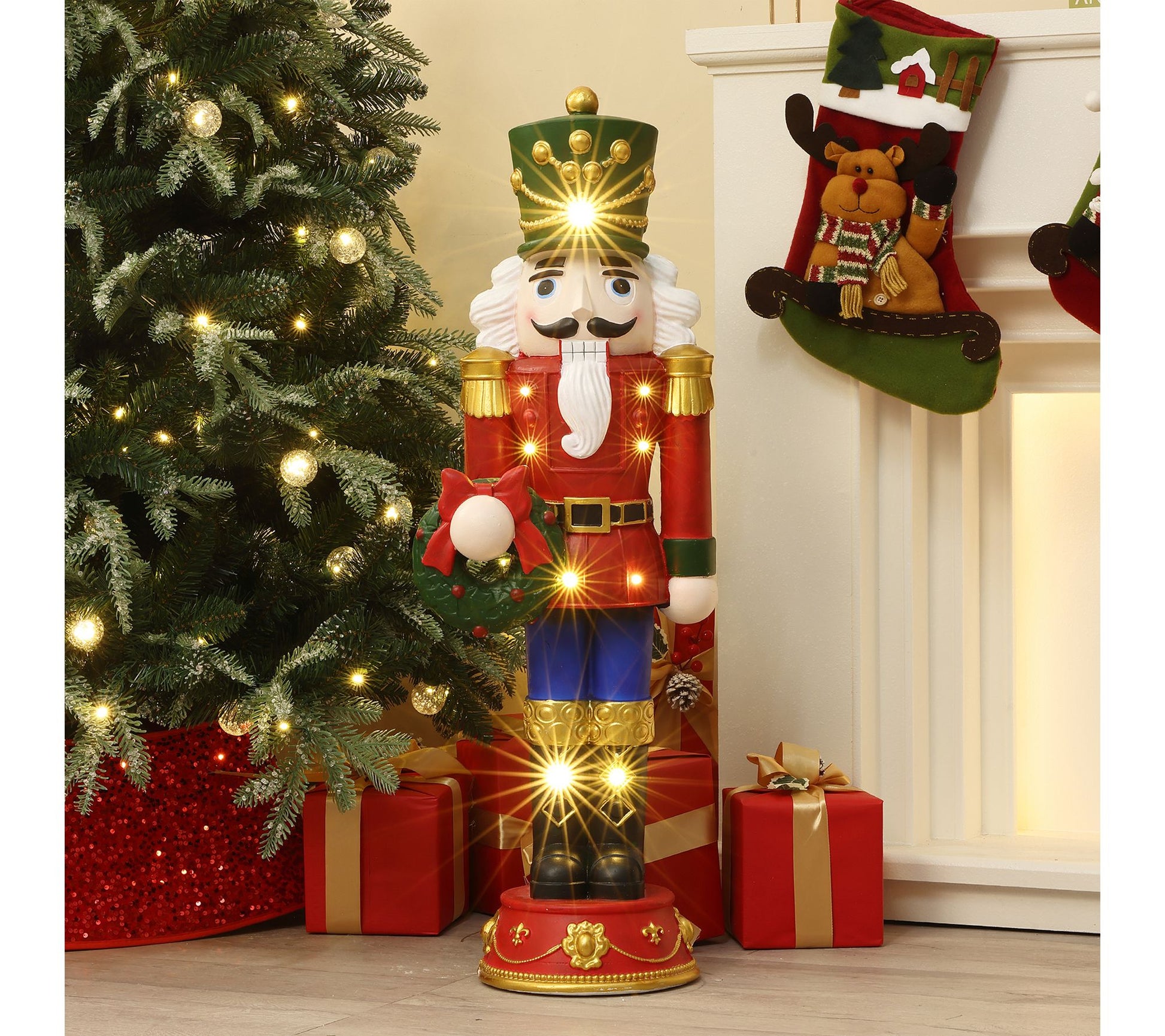 LuxenHome 3ft Lighted Nutcracker Red Soldier with Wreath