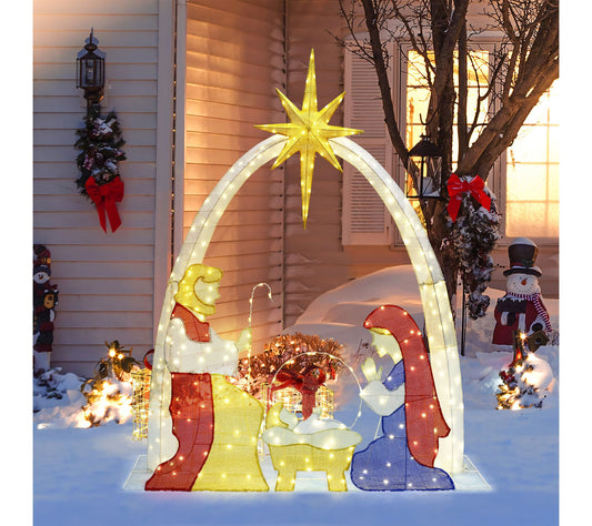 LuxenHome Lighted 5.25ft x 5.8ft Nativity Manger Holiday Decor