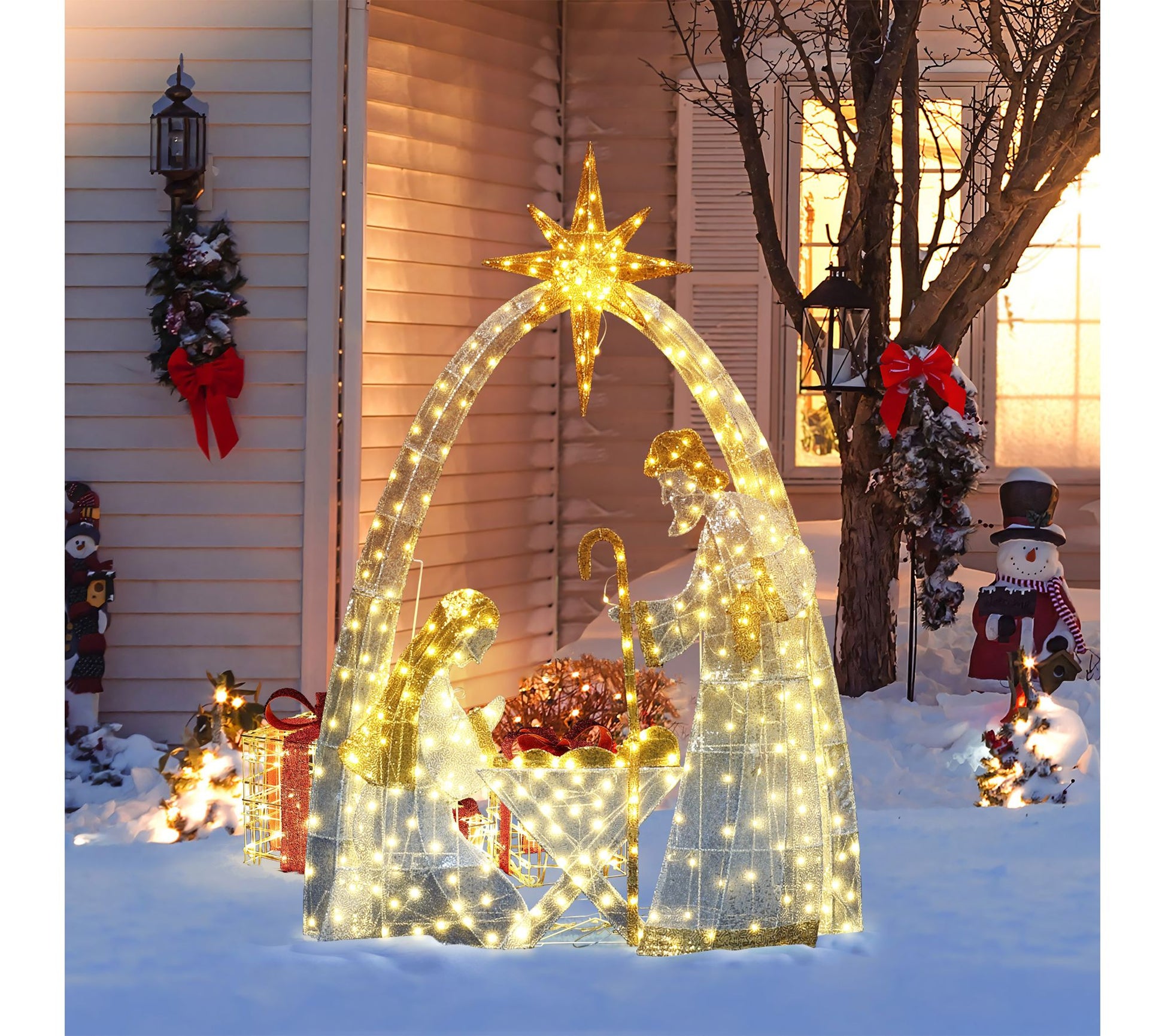 LuxenHome Lighted 3.6ft x 5ft White Nativity Holiday Decor