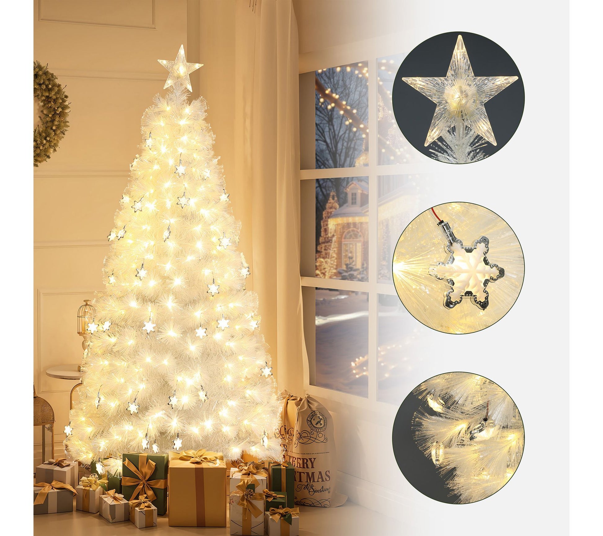 LuxenHome 6Ft White Fiber Optic Christmas Treew/ Star Top