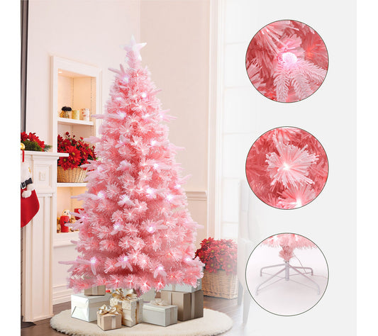 LuxenHome 6ft Fiber Optic Pink Xmas Tree w/ Cones & Star Top