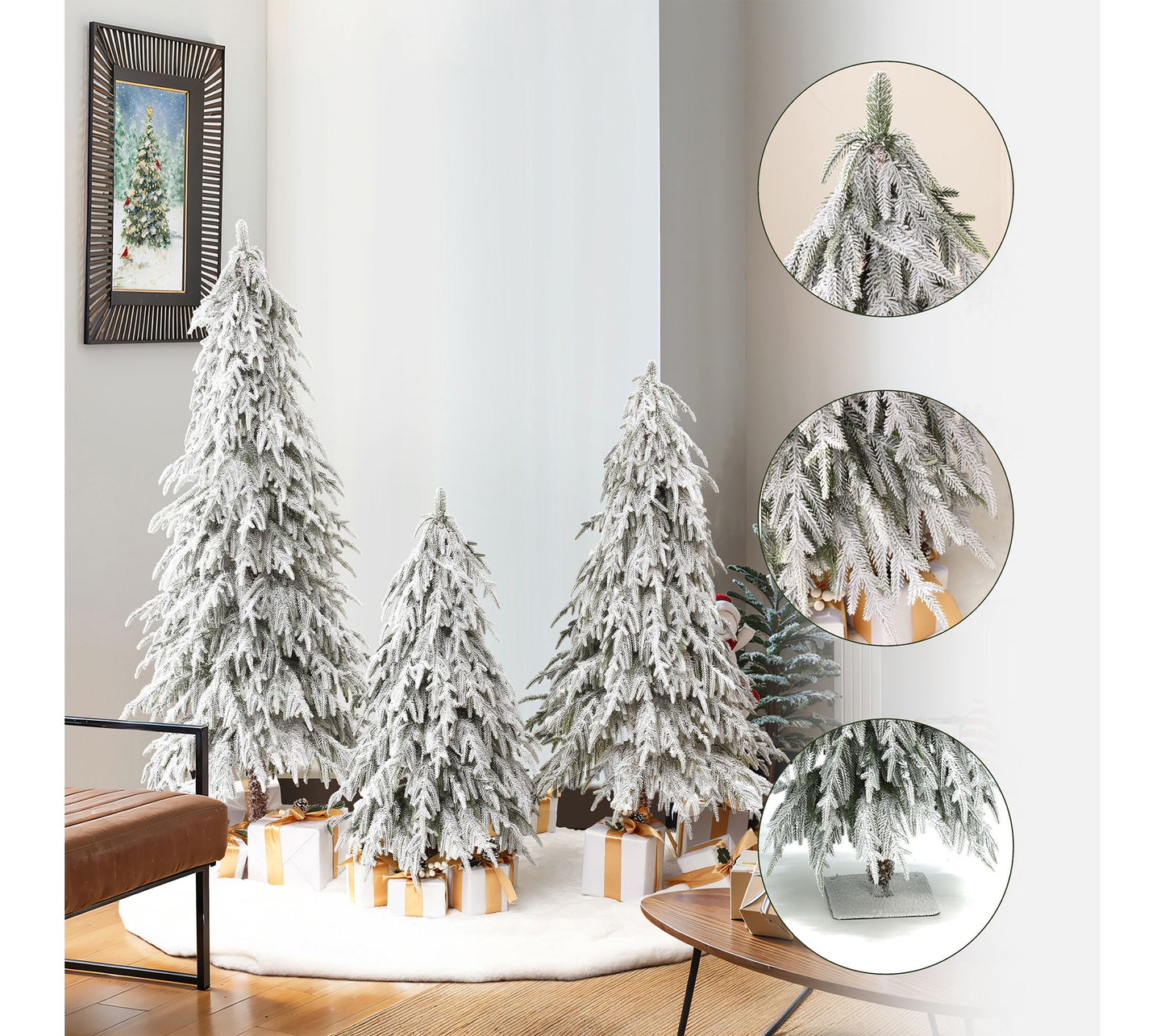 LuxenHome Artifical Snow-Flocked Cedar Christmas Trees Set