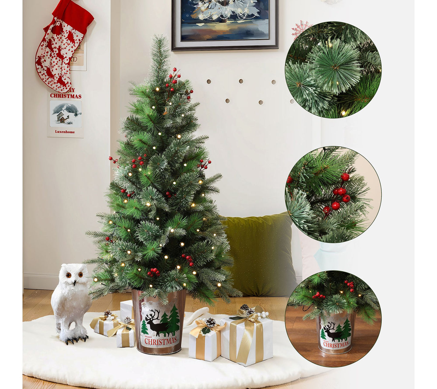 LuxenHome 4ft Pre-Lit Artificial Xmas Tree Potted with Berries