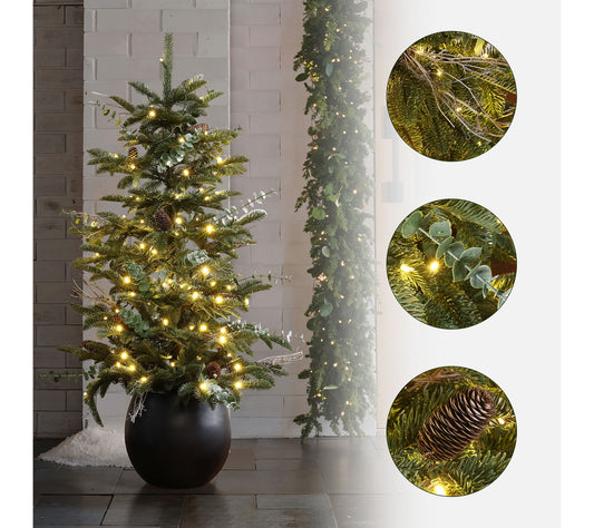 LuxenHome 4ft Pre-Lit Artificial Pine Xmas Treewith Black Pot