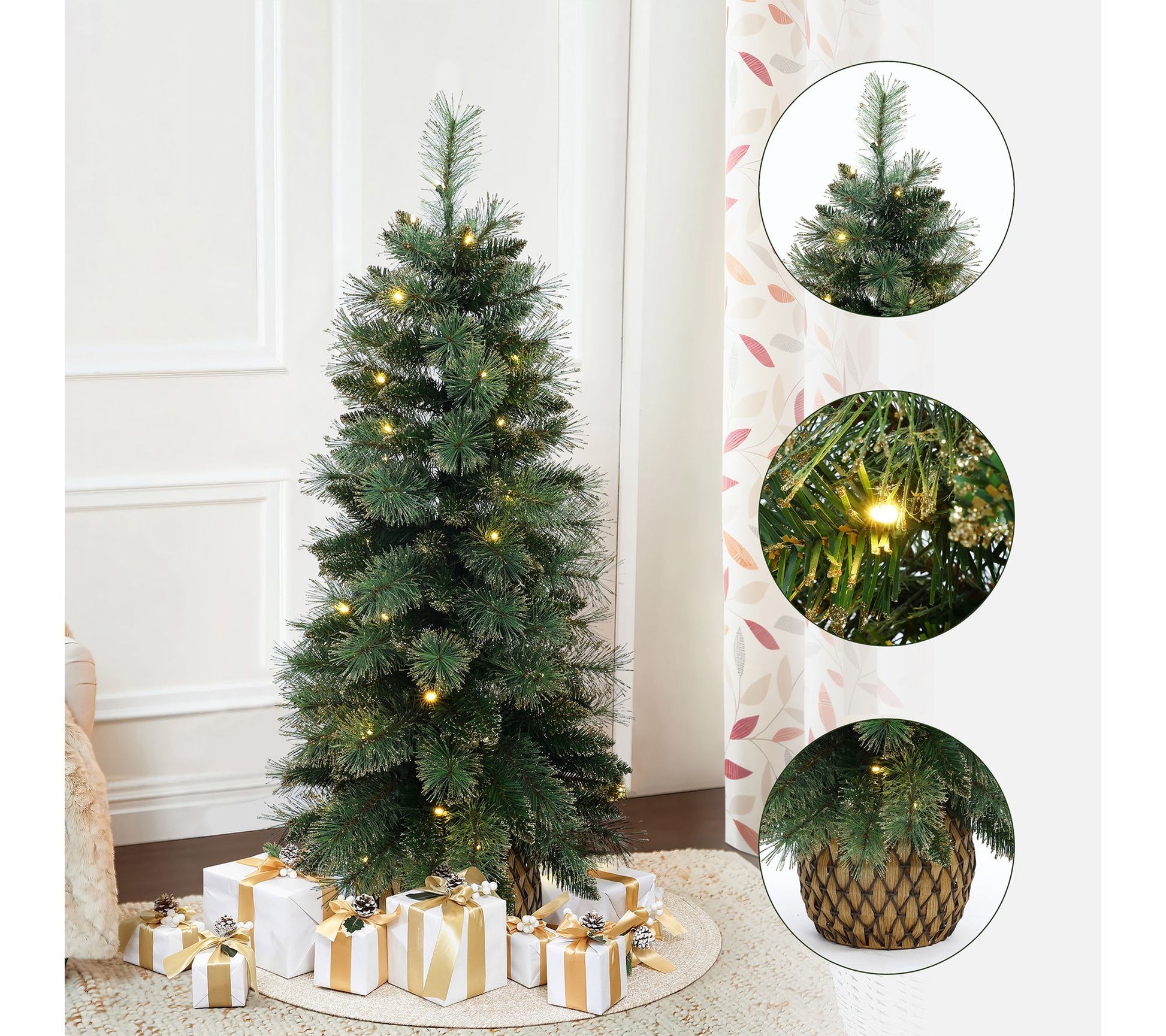 LuxenHome 4Ft Pre-Lit Xmas Tree Potted, Glittered Branches