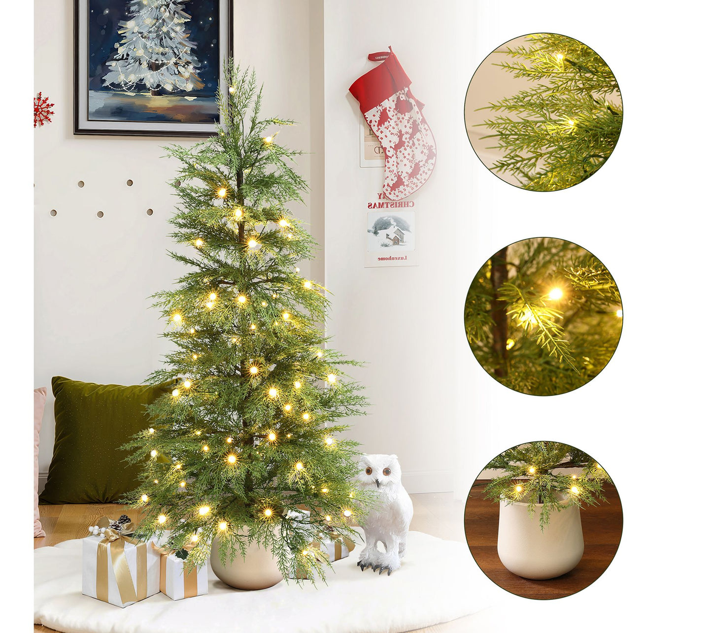 LuxenHome 4.5ft Pre-Lit Artificial Xmas Tree, White Pot Base