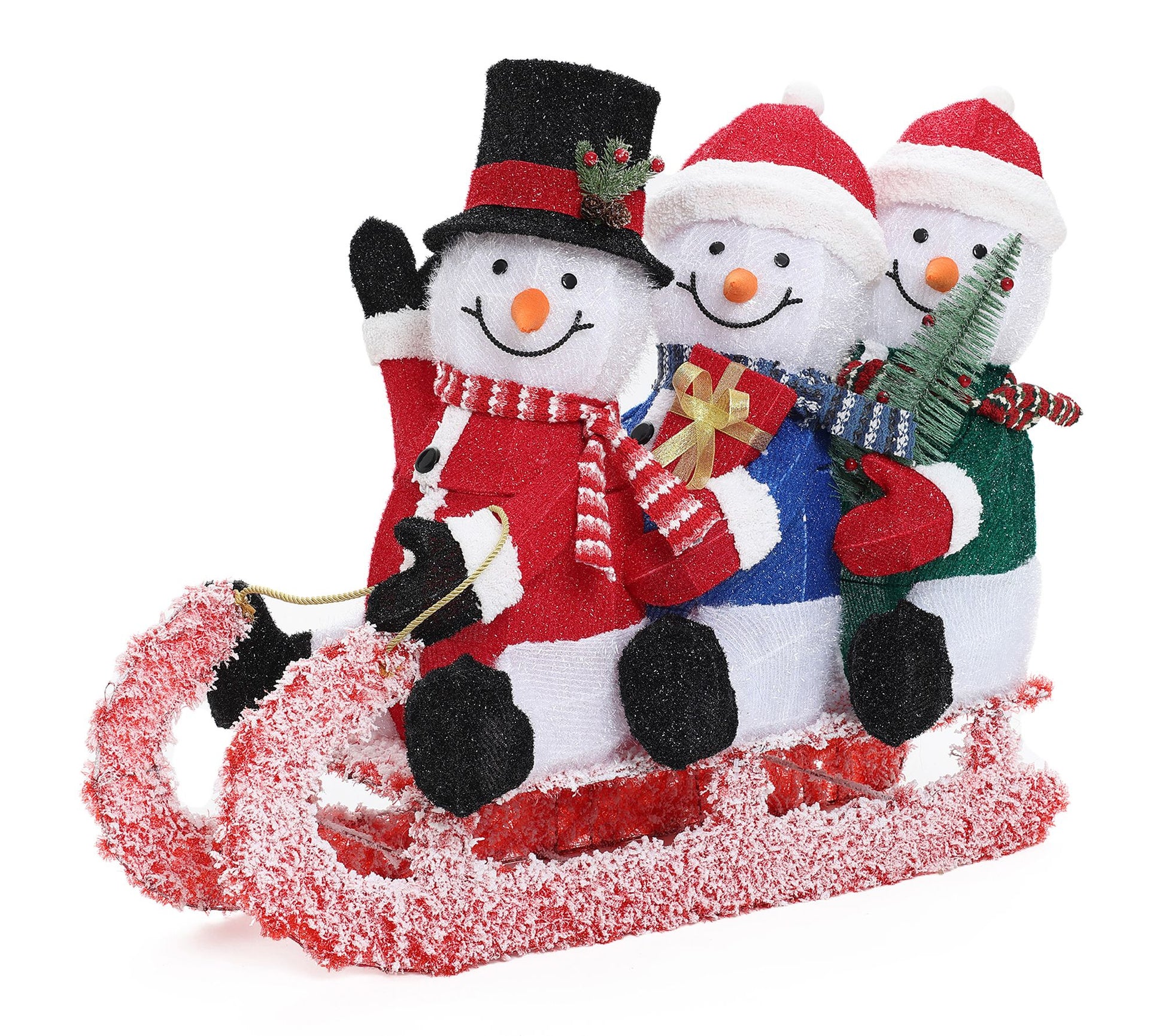 LuxenHome Lighted Snowman Trio on Sled in CoatsDecoration