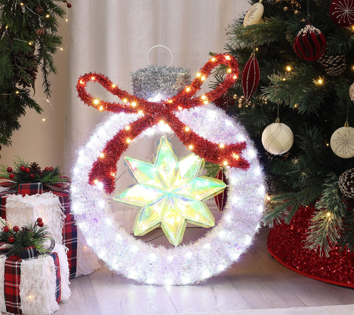 LuxenHome 2Ft Tall Lighted Tinsel Ornament w/ Star Decoration