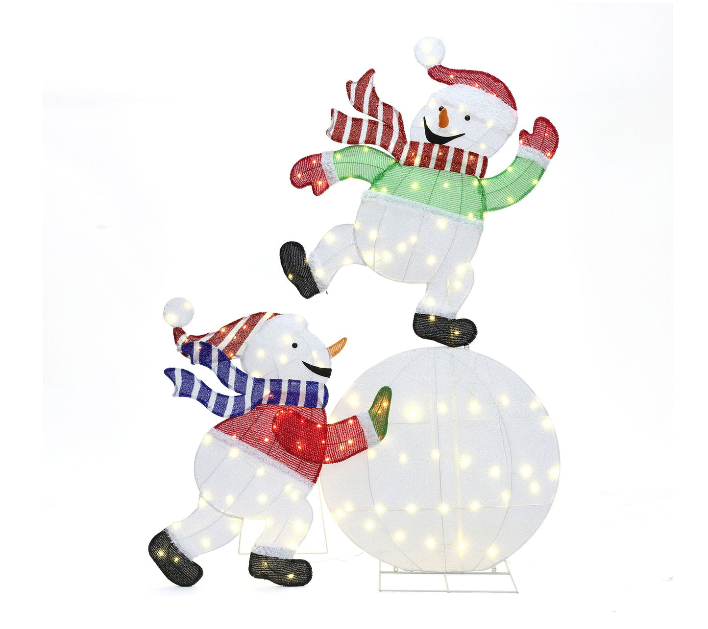 LuxenHome 2-Pc Lighted Snowman on Ornament Outdoor Decoration
