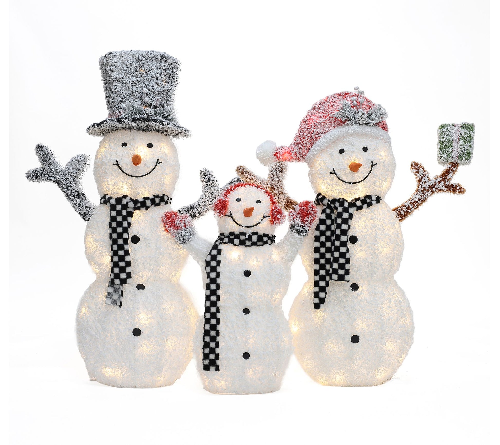 LuxenHome 3-Pc Lighted White Tinsel Frosted Snowman Family